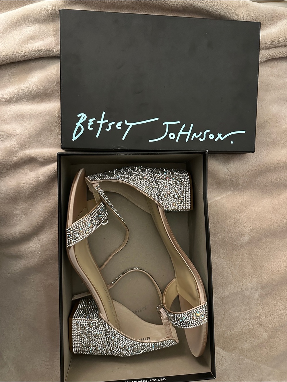 Betsey Johnson Champagne Mari Crystal Block Heel Sandals with Ankle Strap